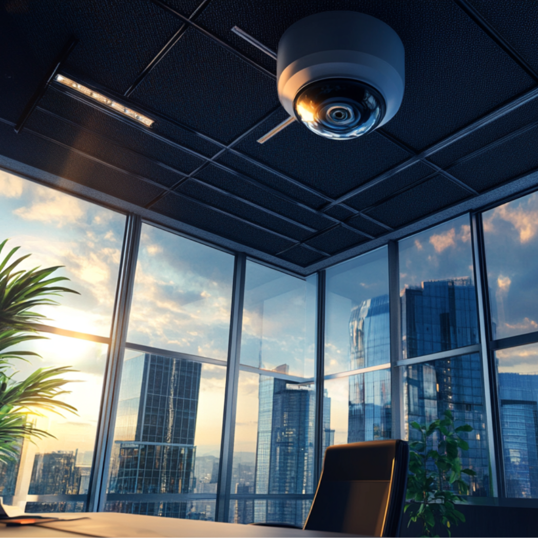 Room with view of city skyline and CCTV video camera on ceiling